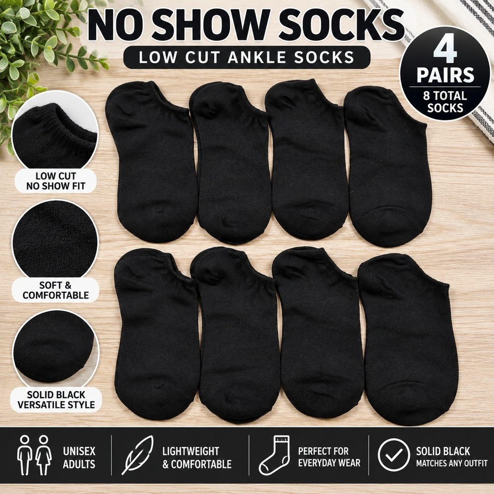 4 Pairs Unisex No Show Socks Low Cut Ankle Socks Solid Black Everyday Wear